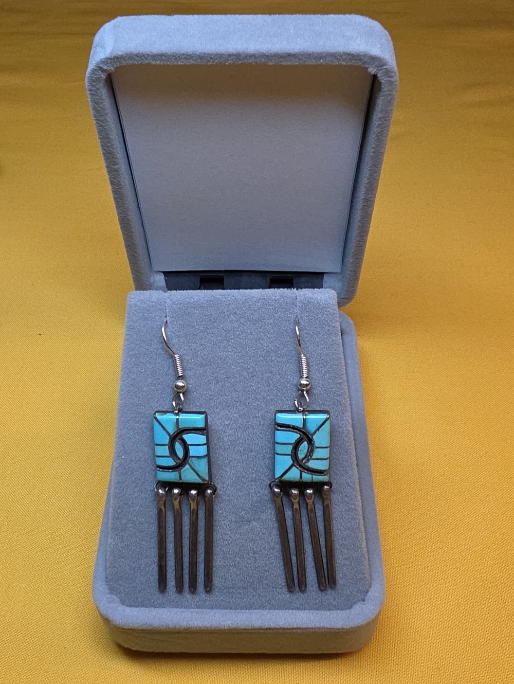 Vintage Zuni Pueblo Sterling Earrings-CC Hallmark-Turquoise "Hummingbird" Inlay